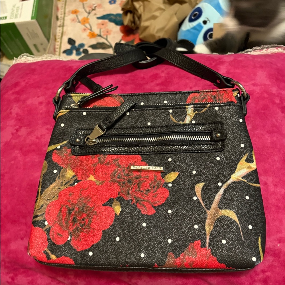 Dana Buchman Black and Red Floral Crossbody Bag
